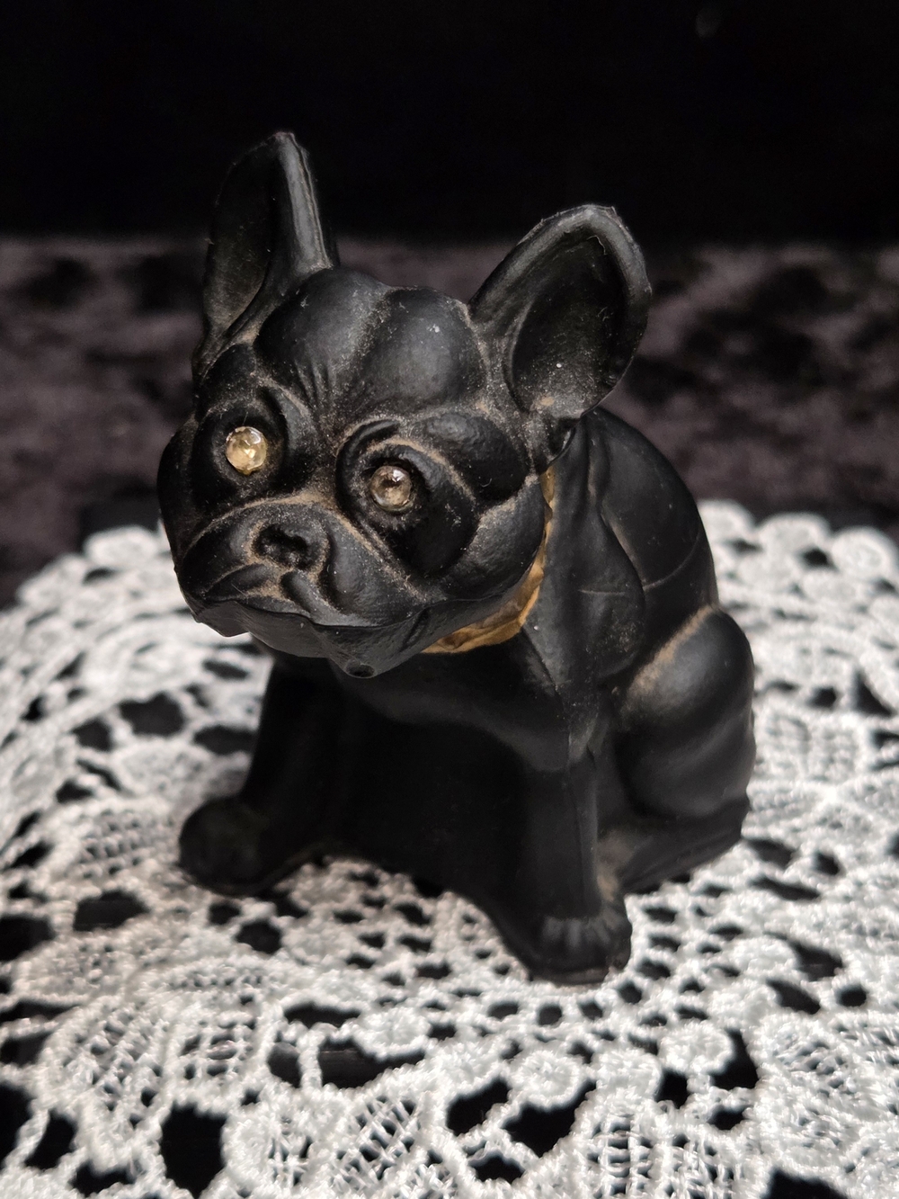 Vintage Westmoreland Black Amethyst Glass French Bulldog gold collar figurine